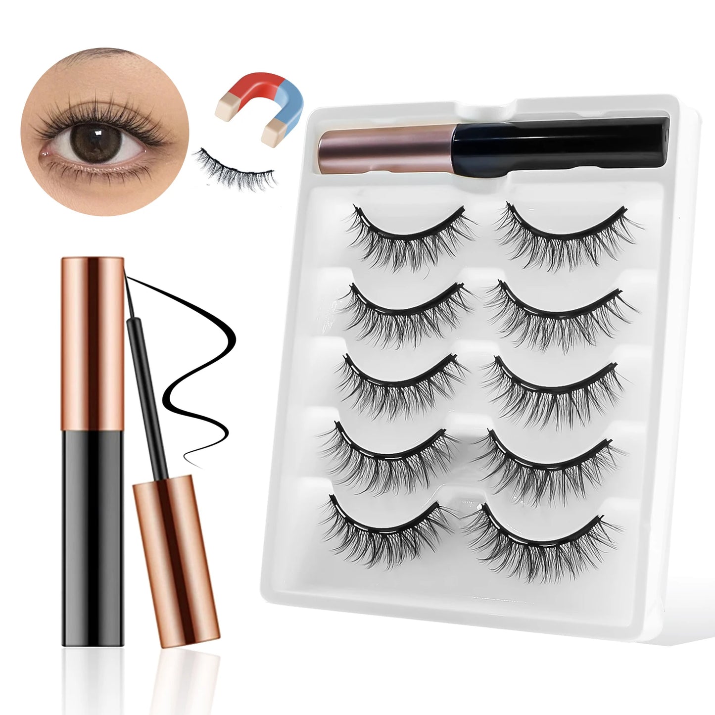 REDSIREN Natural Magnetic Lashes Makeup 1/5Pairs Reusable Magnetic False Eyelashes and Eyeliner Kit