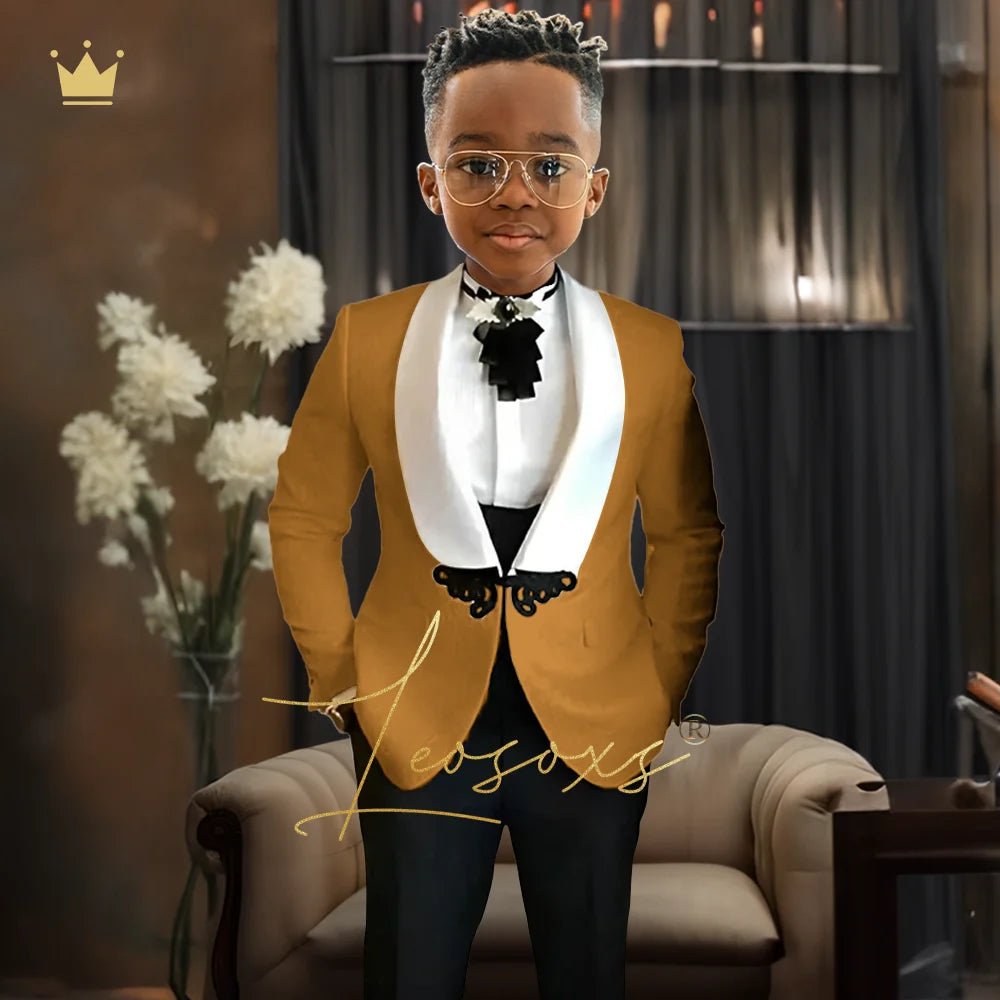 Boys Tuxedo Suit 2 Piece Set, Fashion Black Butterfly Button Jacquard Jacket Black Pants Elegant Slim Wedding Party Formal Wear