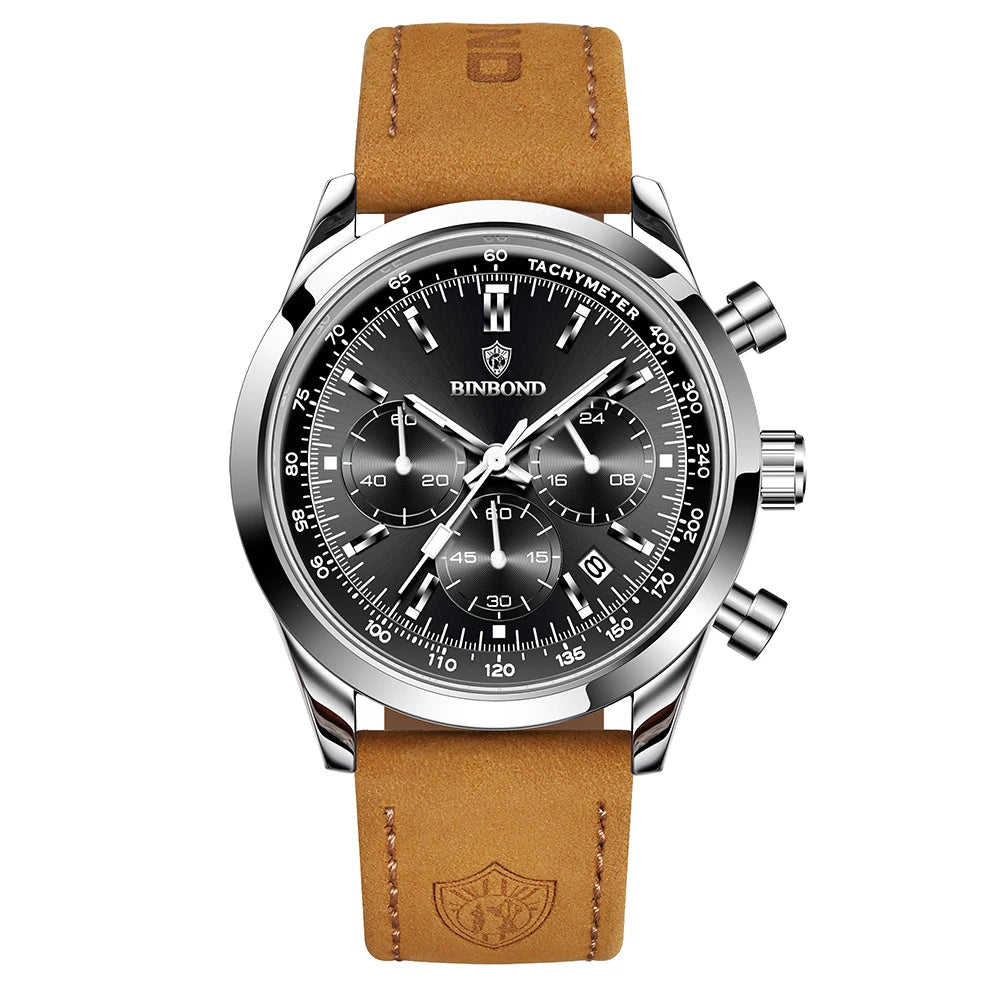 BINBOND B380 Top Luxury Leather Quartz Men's Watch Luminous Waterproof Fashion Casual Multi Functional Timer Business Men Watch