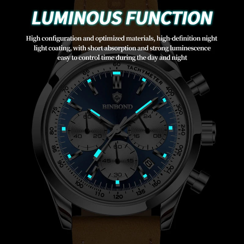 BINBOND B380 Top Luxury Leather Quartz Men's Watch Luminous Waterproof Fashion Casual Multi Functional Timer Business Men Watch