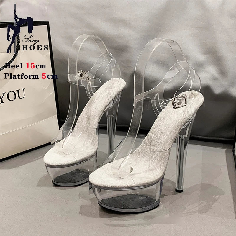 Transparent Crystal Women Sandals with Heels Pole Dancing T-show Model Stripper Shoes Party Club StilettosBride's Wed-ding Shoes