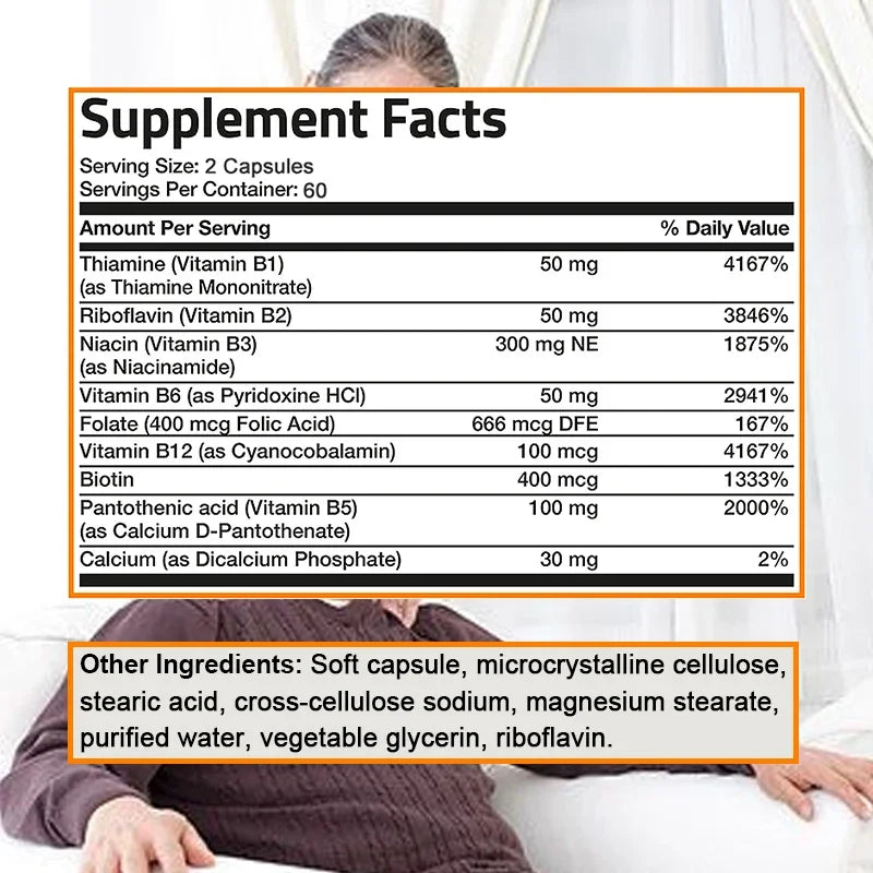 Organic Vitamin B Complex Supports Energy, Immune Health, Antioxidant Supplement - 30/60/120 Vegetarian Capsules