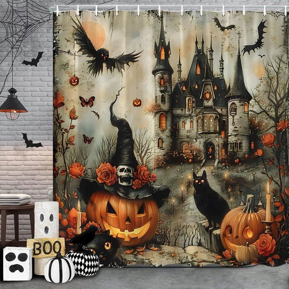 Spooky Horror Halloween Skeleton Crow Shower Curtain Black Bat Black Cat Polyester Fabric Bath Curtain Bathroom Decor With Hooks