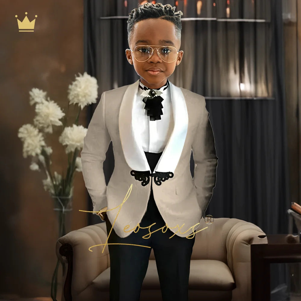 Boys Tuxedo Suit 2 Piece Set, Fashion Black Butterfly Button Jacquard Jacket Black Pants Elegant Slim Wedding Party Formal Wear