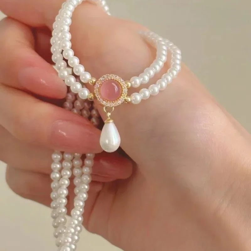 Pearl Jewelry Sets Women Necklace Pendant Necklace Elegant Multi-Layer Neck Chain Pink Chic Luxury Ring Earrings Jewelry Gifts