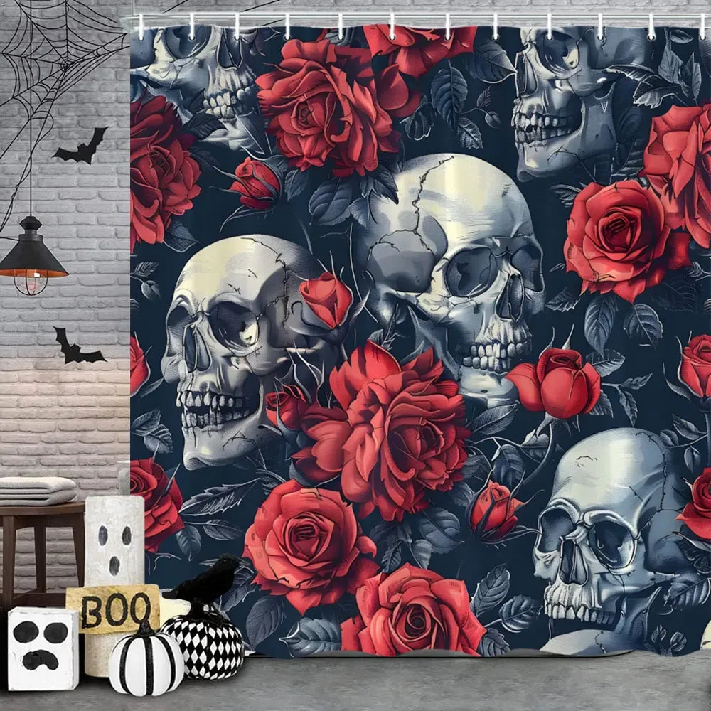 Spooky Horror Halloween Skeleton Crow Shower Curtain Black Bat Black Cat Polyester Fabric Bath Curtain Bathroom Decor With Hooks