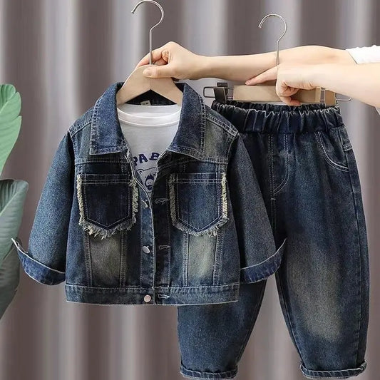 Boys Denim Suit Spring 2025 Spring Autumn New Style Children's Western-style Coat Boys' Fashionable Explosive Street 2 Piece Set