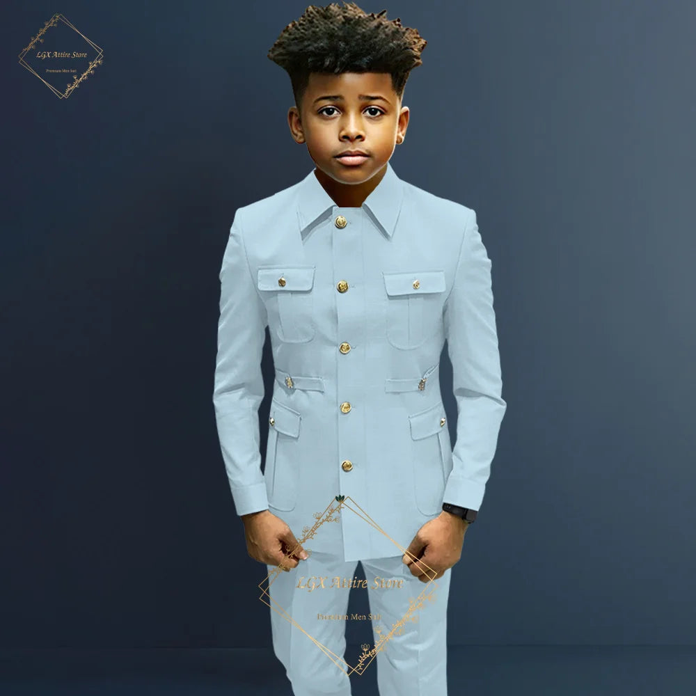 Boys single breasted formal suit 2 piece suit, boys Zhongshan suit style long coat classic design suitable for 2~16 years old