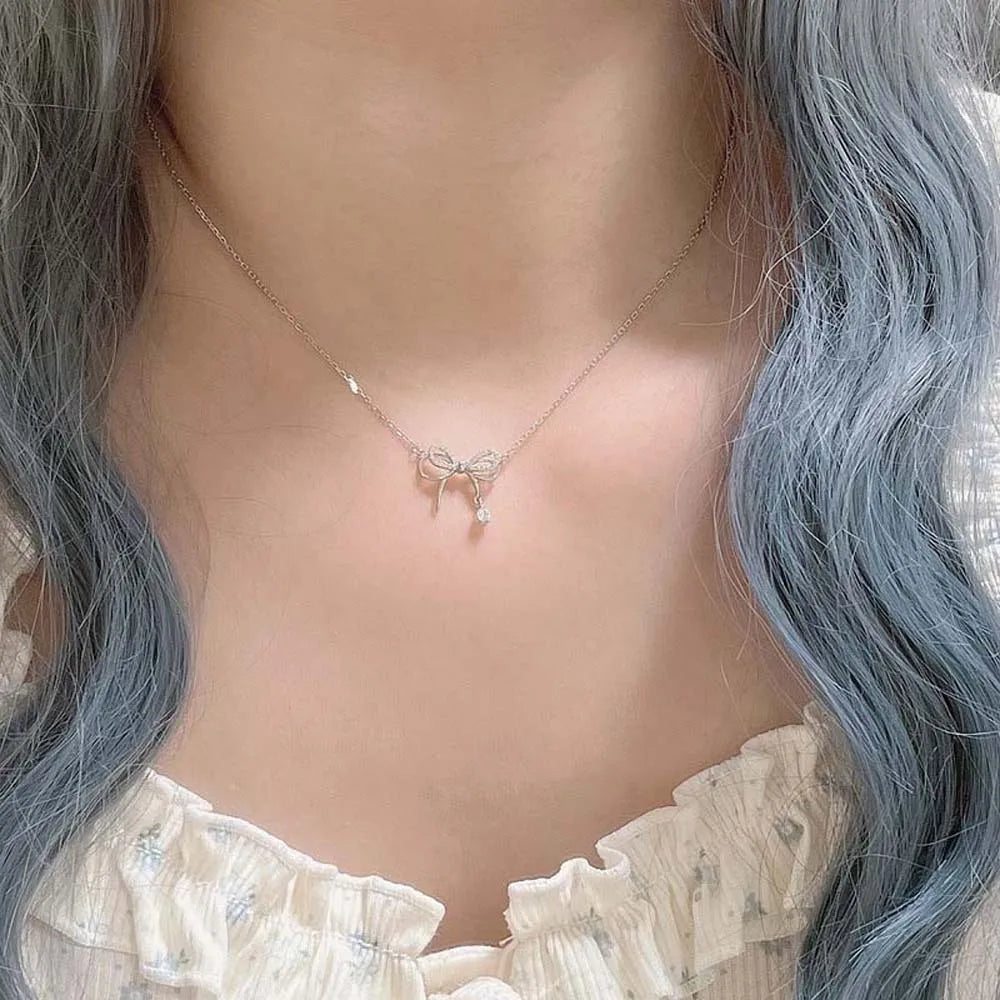 Bowknot Necklaces Jewelry Accessories Silver Bow Clavicle Chain Rhinestone Choker
