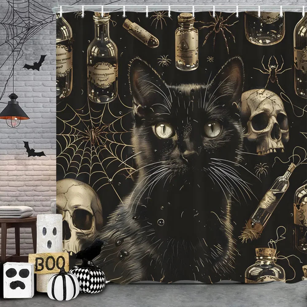 Spooky Horror Halloween Skeleton Crow Shower Curtain Black Bat Black Cat Polyester Fabric Bath Curtain Bathroom Decor With Hooks