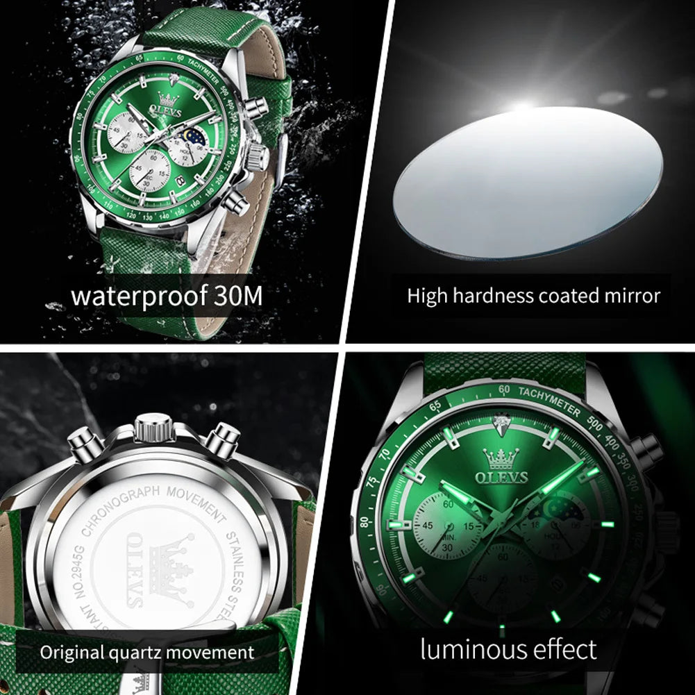 OLEVS Men's Watches Fashion Sports Green Watch For Men Multifunctional Quartz Wristwatches Men Waterproof Leather reloj hombre