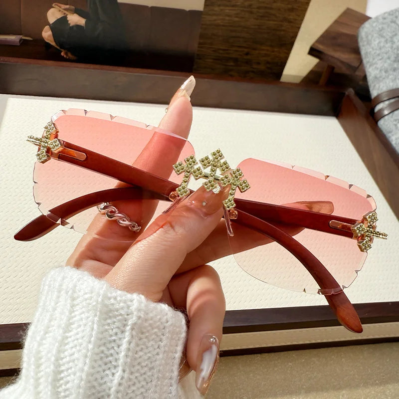 Women's Fashionable Frameless Edged Sunglasses Square Frame Lace Diamond-set Fashionable Glasses 90324