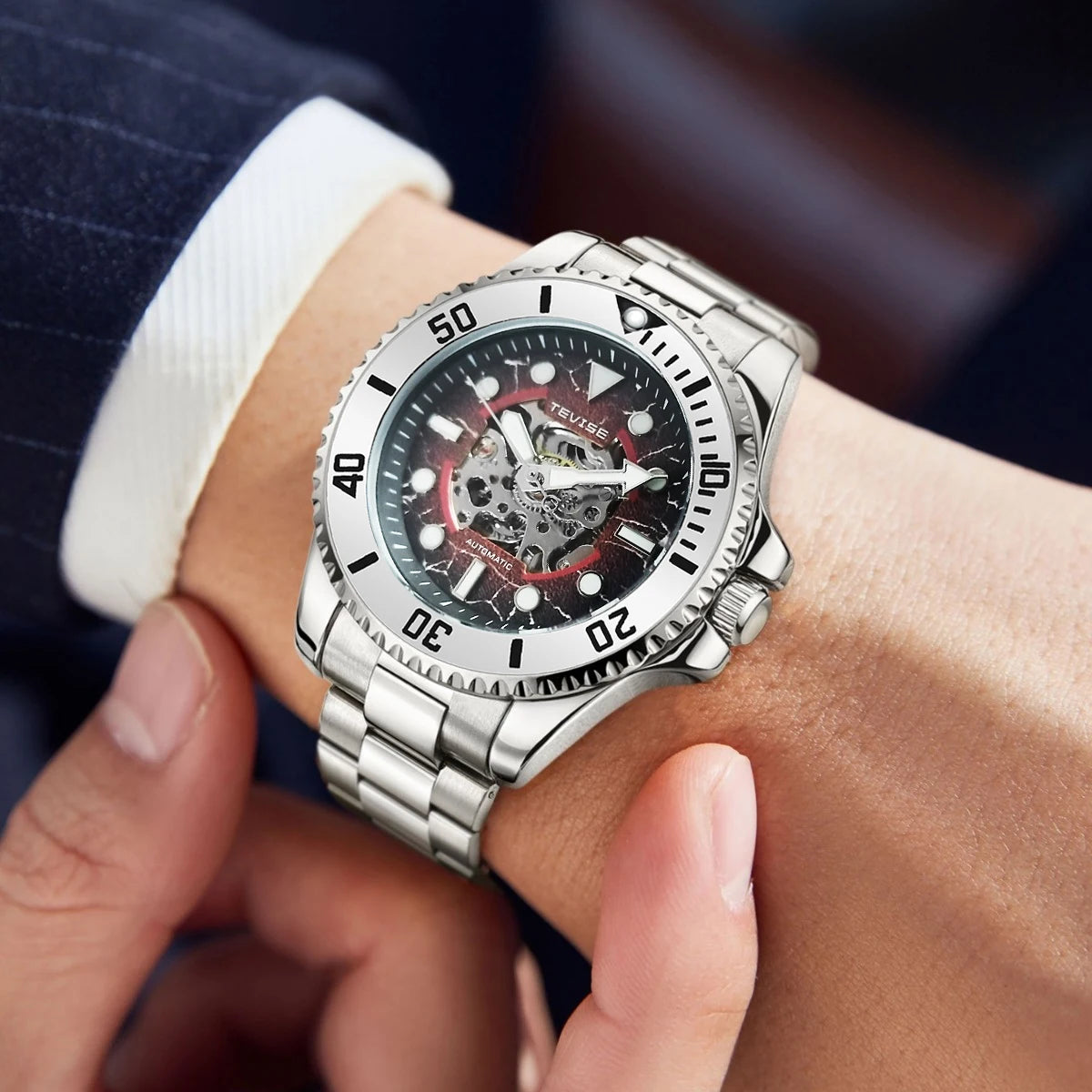 TEVISE New Automatic Mechanical Watch for Men Waterproof Stainless Steel Skeleton Luminous Watch Fashion Casual Wristwatch