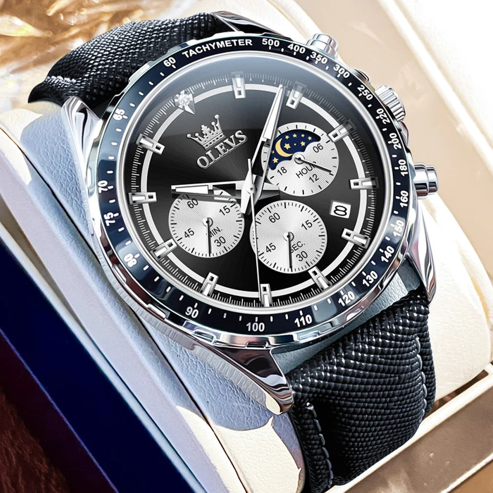 OLEVS Men's Watches Fashion Sports Green Watch For Men Multifunctional Quartz Wristwatches Men Waterproof Leather reloj hombre