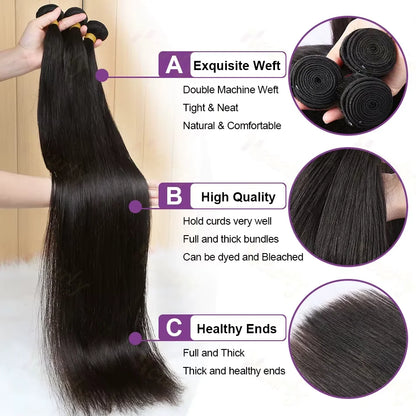 Brazilian 30 32 Inch Bone Straight Human Hair Weave Bundles Unprocessed 100% Raw Human Hair Extension Weave Bundles