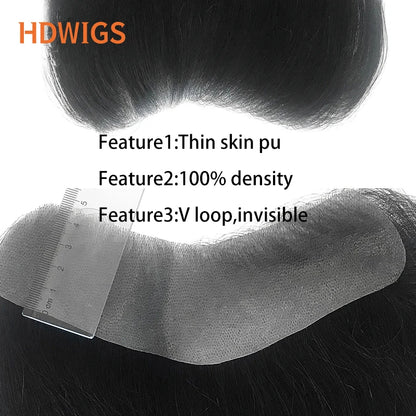Vstyle Front Men's Capillary Prothesis Indian Human Hair Wig for Man Vloop Thin Skin Full PU Invisible Toupee Hairpiece Natural