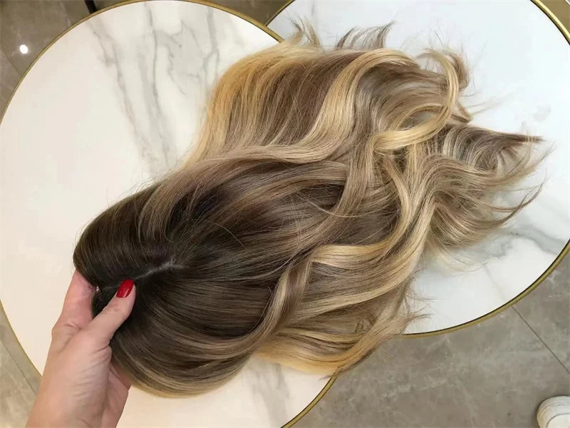 Real Raw European Brown Balayage Toppers for Women Silk Base Topper Clip Hair Real Scalp Silk Top Kosher Human Hair Toupee 3*5