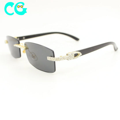 Rhinestone Square Sunglasses Luxury Wood Buffalo Horn Diamond Sun Glasses Fashion Mens Rimless Sunglass Shade Eyewear