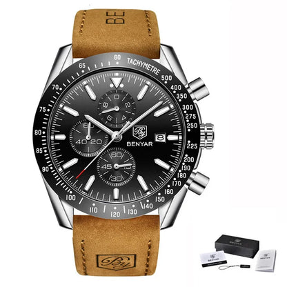 BENYAR Brand Men Watches Luxury Brown Leather Strap Waterproof Quartz Watch Chronograph Men Relogio Masculino 5140