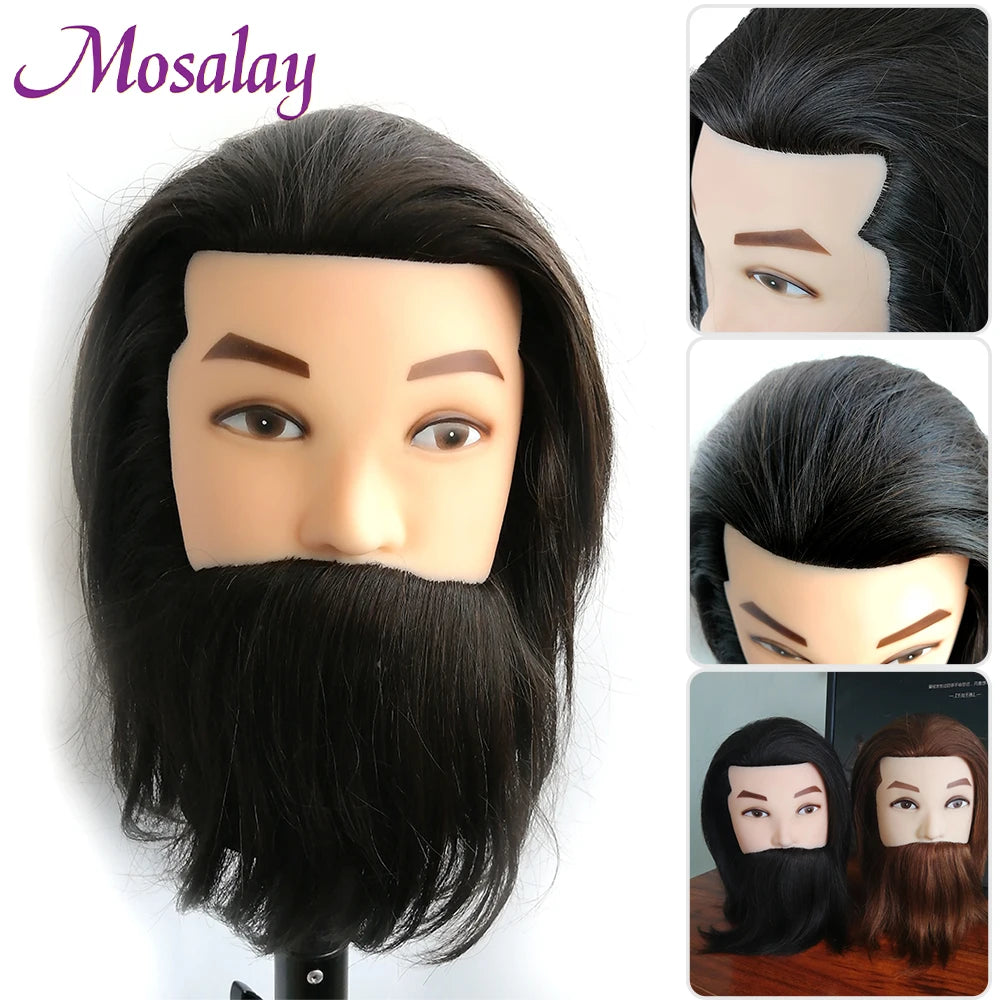 100% Male Real Human Hair Mannequin Practice Training Head With Beard For Cutting Hairdressing Manikin Head For Beauty School