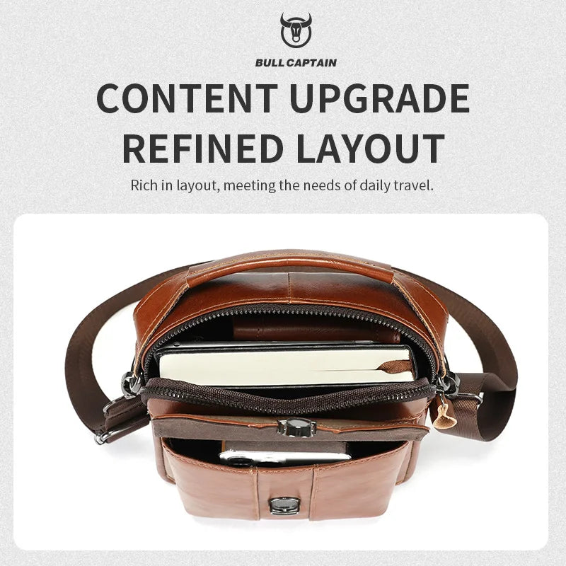 BULLCAPTAIN Mens Leather Messenger Bag Retro Shoulder Bags Small Crossbody Bags Purses Casual Sling Pack for Travel Handbag
