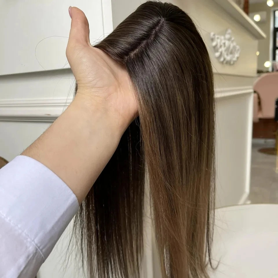 Real Raw European Brown Balayage Toppers for Women Silk Base Topper Clip Hair Real Scalp Silk Top Kosher Human Hair Toupee 3*5