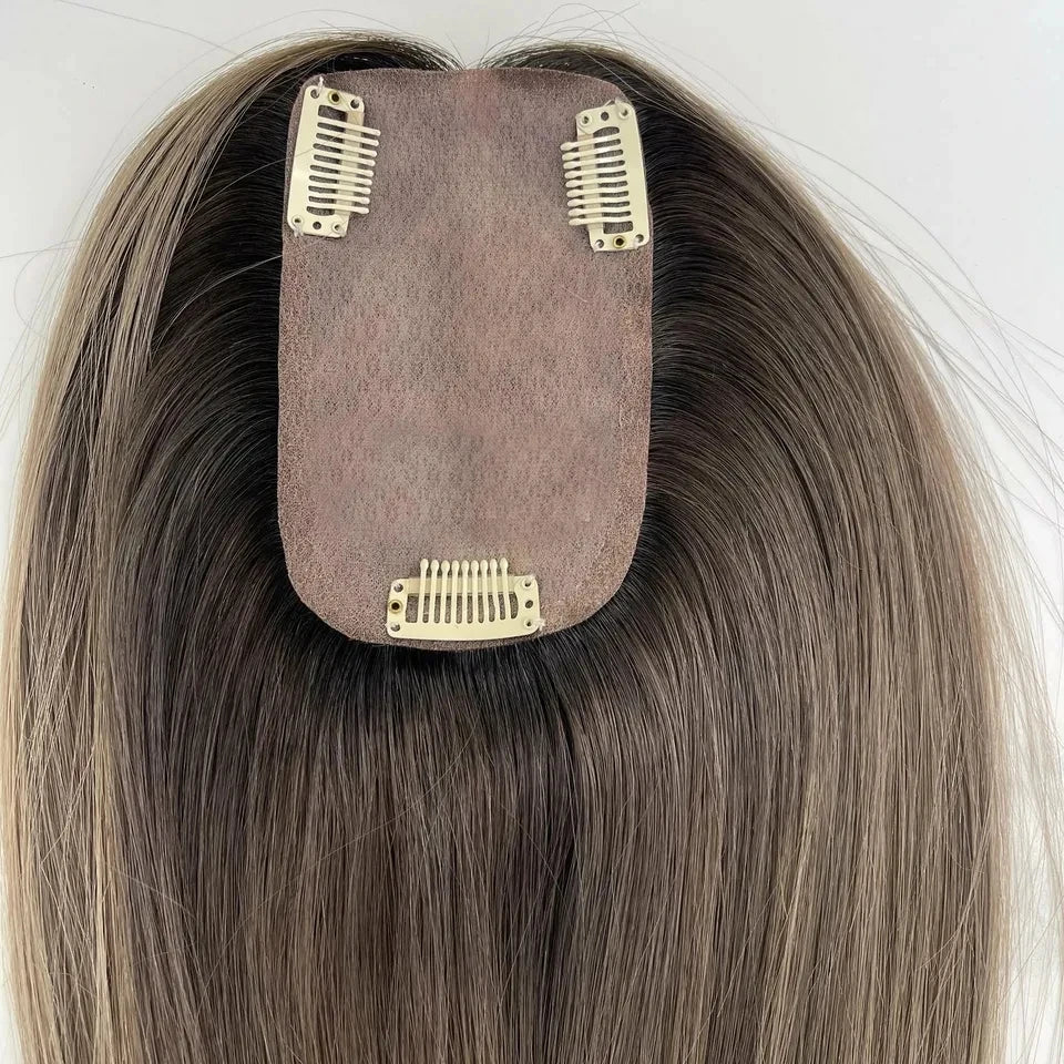 Real Raw European Brown Balayage Toppers for Women Silk Base Topper Clip Hair Real Scalp Silk Top Kosher Human Hair Toupee 3*5