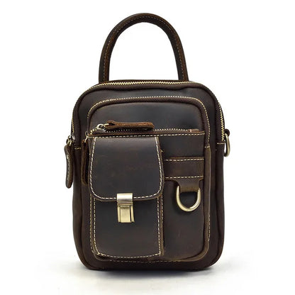 Crazy Horse Genuine Leather Men Shoulder Bag Cowhide Double Zipper Pockets Multifunctional Messenger bag Vintage mini handbag