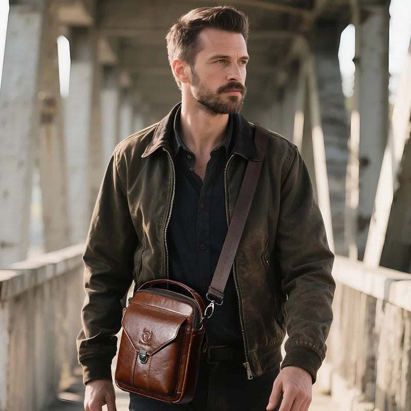 BULLCAPTAIN Mens Leather Messenger Bag Retro Shoulder Bags Small Crossbody Bags Purses Casual Sling Pack for Travel Handbag