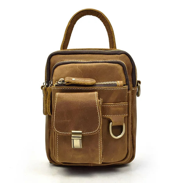 Crazy Horse Genuine Leather Men Shoulder Bag Cowhide Double Zipper Pockets Multifunctional Messenger bag Vintage mini handbag