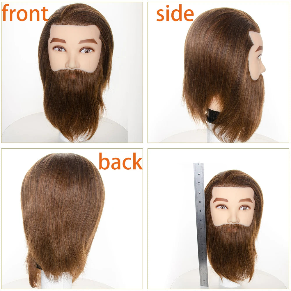 100% Male Real Human Hair Mannequin Practice Training Head With Beard For Cutting Hairdressing Manikin Head For Beauty School