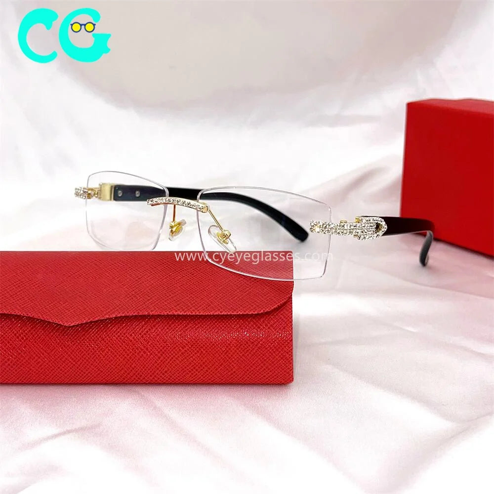 Rhinestone Square Sunglasses Luxury Wood Buffalo Horn Diamond Sun Glasses Fashion Mens Rimless Sunglass Shade Eyewear