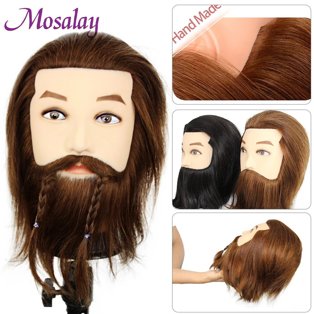 100% Male Real Human Hair Mannequin Practice Training Head With Beard For Cutting Hairdressing Manikin Head For Beauty School