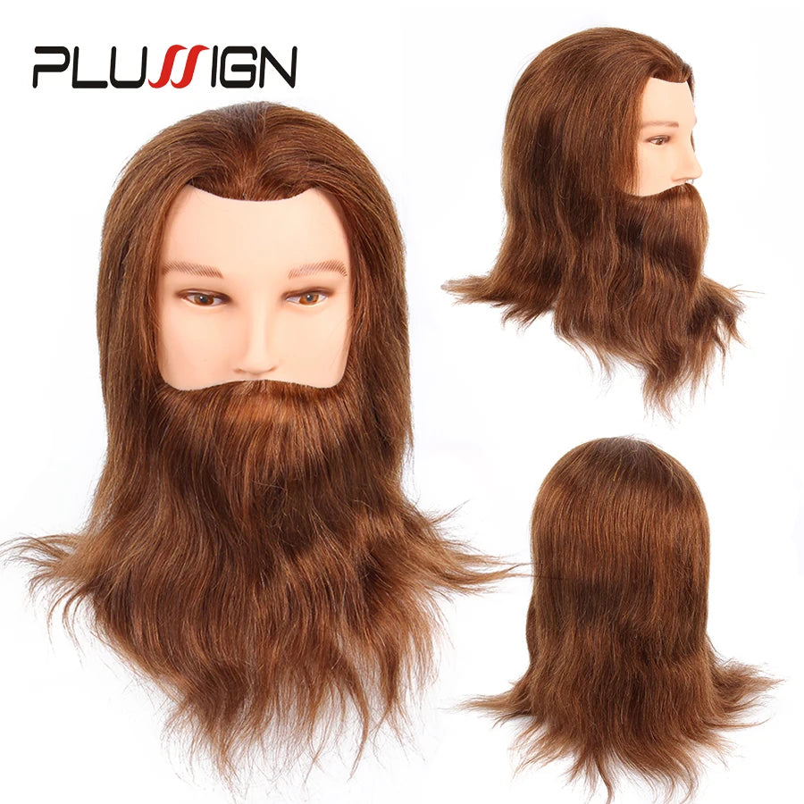 100% Real Human Hair Beard Hairdressing Training Man Head Professional Practice Mannequin Head Model Brown Color