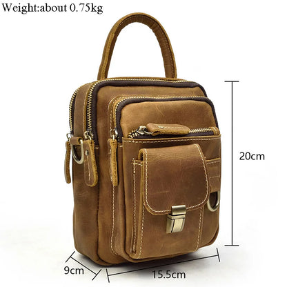 Crazy Horse Genuine Leather Men Shoulder Bag Cowhide Double Zipper Pockets Multifunctional Messenger bag Vintage mini handbag