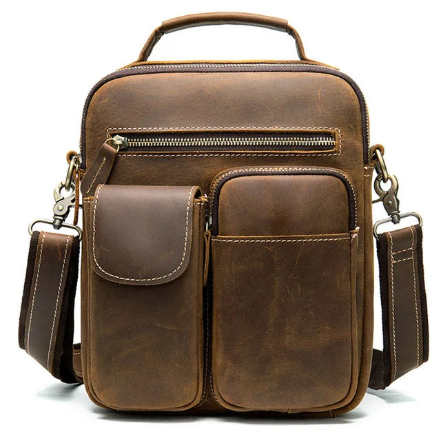 Crazy Horse Genuine Leather Men Shoulder Bag Cowhide Double Zipper Pockets Multifunctional Messenger bag Vintage mini handbag