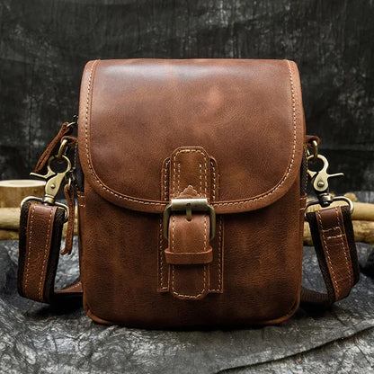 Crazy Horse Genuine Leather Men Shoulder Bag Cowhide Double Zipper Pockets Multifunctional Messenger bag Vintage mini handbag