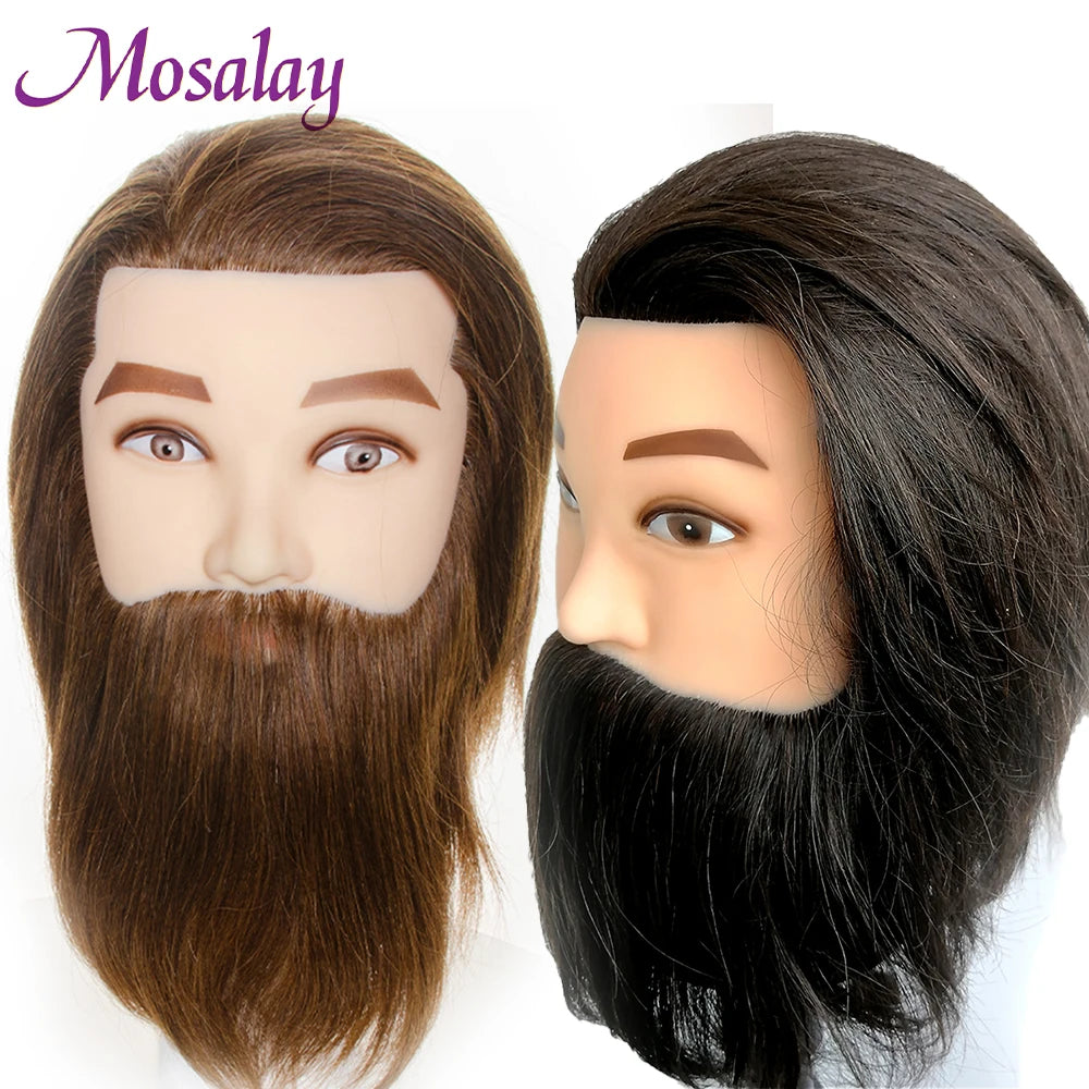 100% Male Real Human Hair Mannequin Practice Training Head With Beard For Cutting Hairdressing Manikin Head For Beauty School