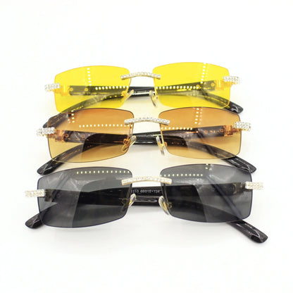 Rhinestone Square Sunglasses Luxury Wood Buffalo Horn Diamond Sun Glasses Fashion Mens Rimless Sunglass Shade Eyewear