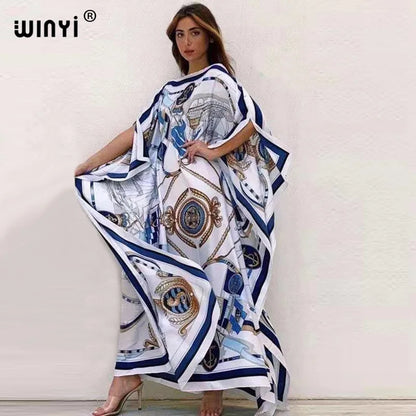Printed  Dresses For Women 2021 Fashion Design Loose Dress Batwing Maxi Long Femme Vestidos Summer Autumn Party Elegant Dress