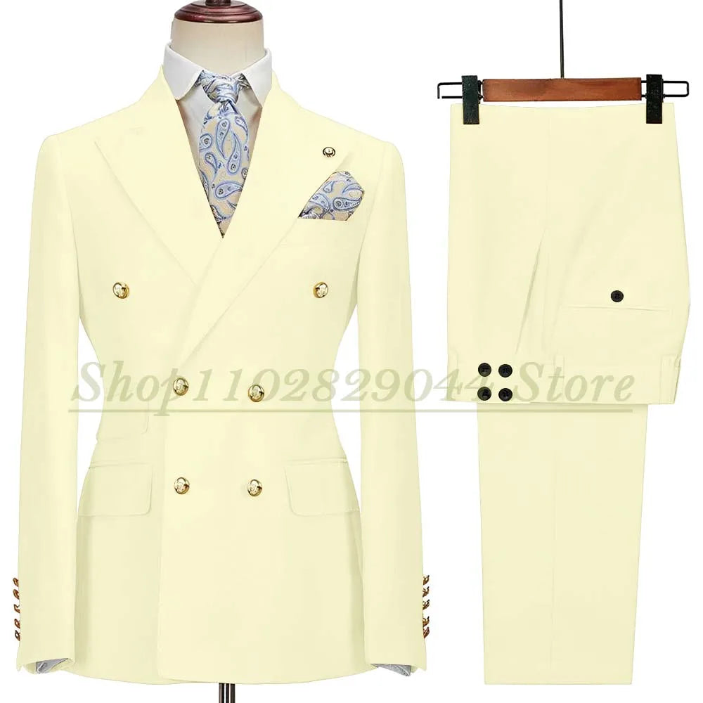 Blazer Hombre Yellow Suits for Men Chic Double Breasted Peak Lapel Elegant Wedding Full Set Male 2 Piece Jacket Pants 031D