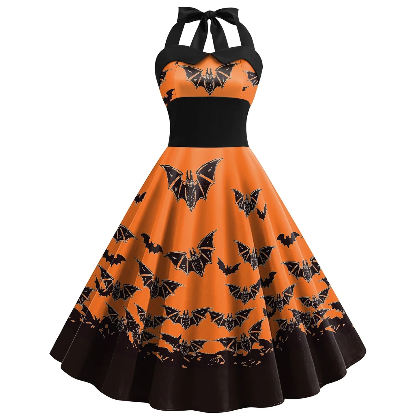 [You're My Secret] Halloween Cosplay Women Skeleton Pumpkin Print Gothic Backless Dress Carnival Party Gown Day of The Dead