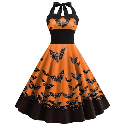 [You're My Secret] Halloween Cosplay Women Skeleton Pumpkin Print Gothic Backless Dress Carnival Party Gown Day of The Dead