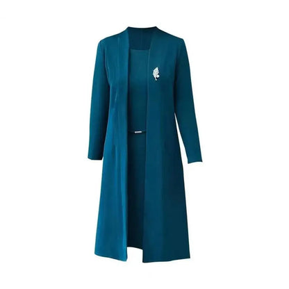 Women s Office Suit Fashion suit Simple Solid 2025 Spring Summer Open Front Long Cardigan Top Dress 2 Piece Set Blazer