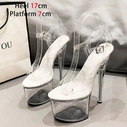Transparent Crystal Women Sandals with Heels Pole Dancing T-show Model Stripper Shoes Party Club StilettosBride's Wed-ding Shoes