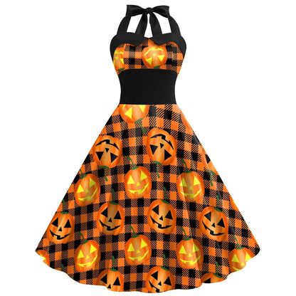 [You're My Secret] Halloween Cosplay Women Skeleton Pumpkin Print Gothic Backless Dress Carnival Party Gown Day of The Dead