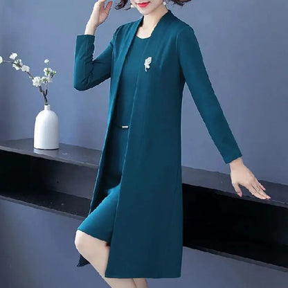 Women s Office Suit Fashion suit Simple Solid 2025 Spring Summer Open Front Long Cardigan Top Dress 2 Piece Set Blazer