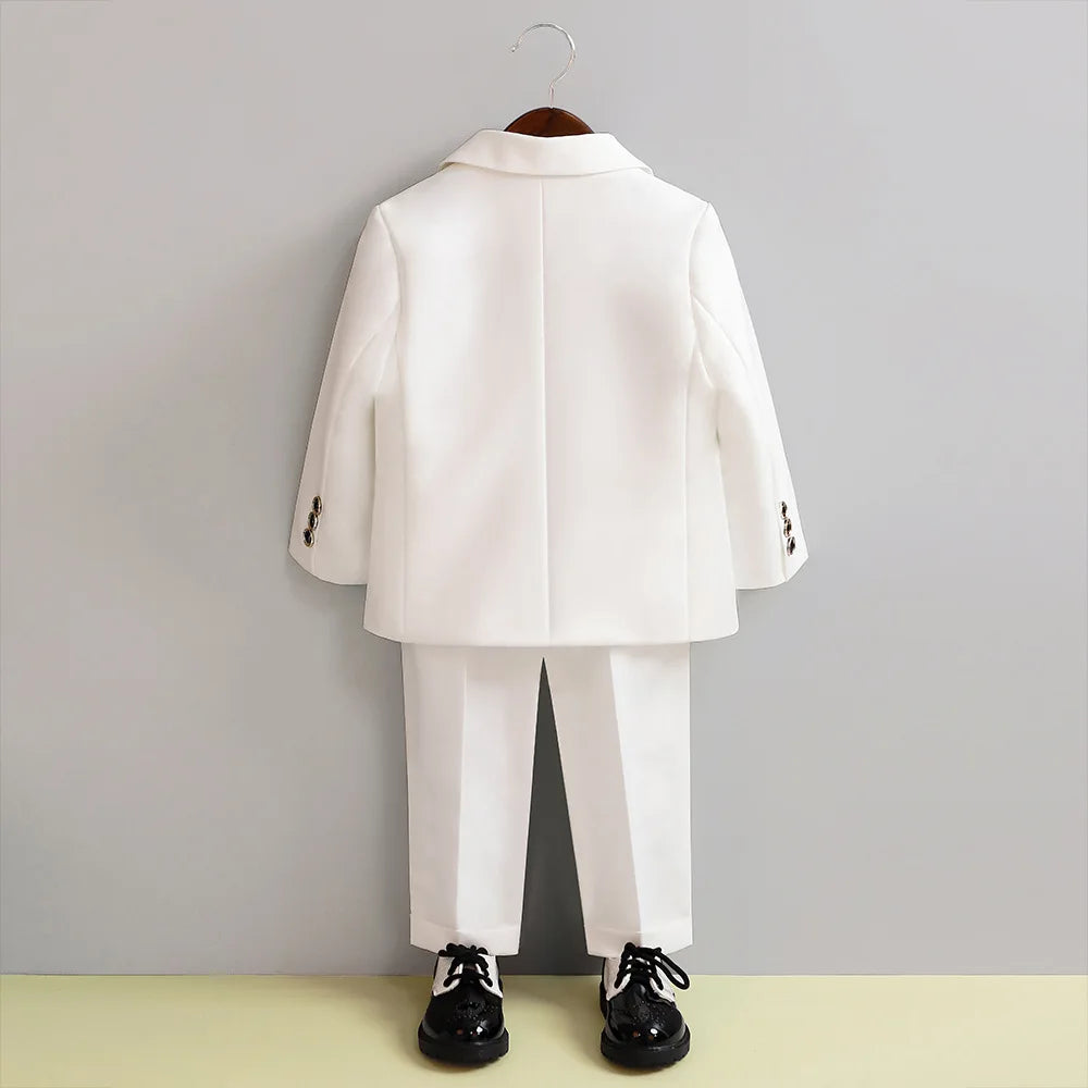Children 3Pieces White Wedding Suit Kids Jacket Pants Botwtie Photograph Suit Flower Boys Birthday Tuxedo Party Dress