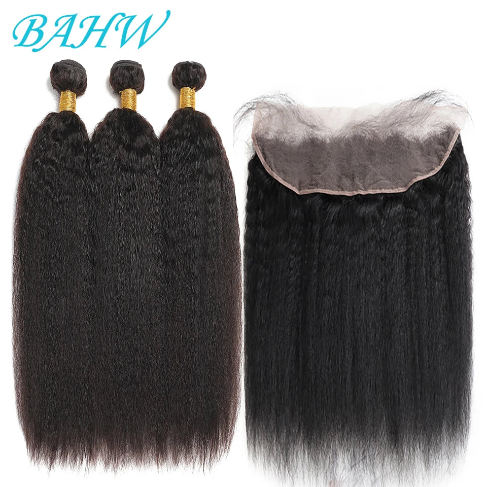12A Vietnamese Kinky Straight Bundles With 4x4 Lace Closure 100% Virgin Human Hair Bundles With 13x4 Lace Frontal Natural Color
