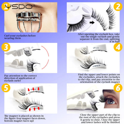 YSDO 1 Pair Magnetic Eyelashes Long-Lasting No Glue Needed Magnetic False Lashes Reusable Makeup Soft Faux 3D Mink Eyelash Tools
